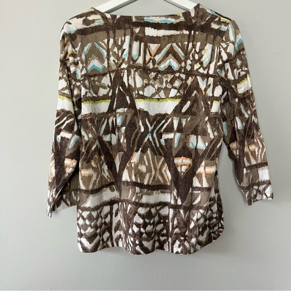 Chico's Brown Patterned Three Quarter Length Sleeve Women's Top 1 (8/10) - Picture 2 of 5